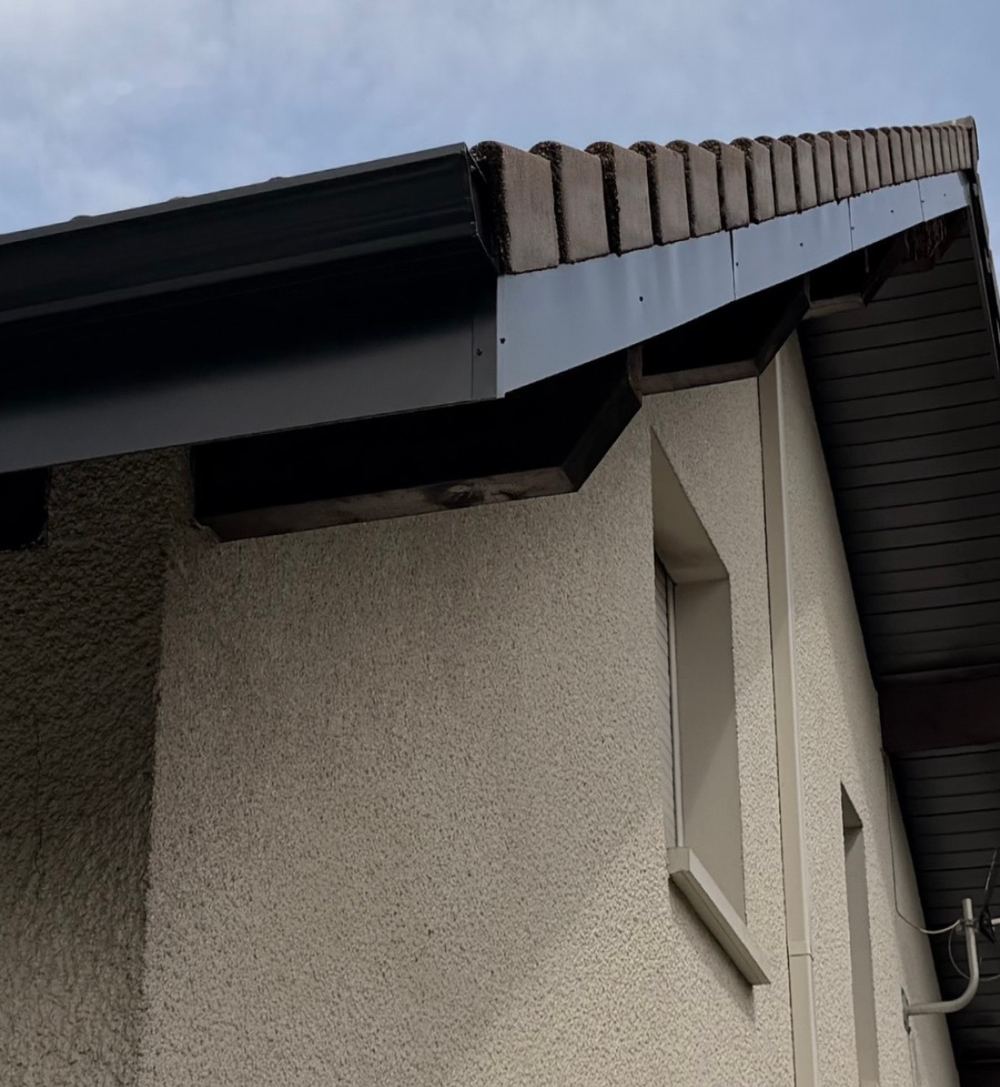 Rive de toiture après intervention : gouttière et bandeau neufs, habillage gris anthracite